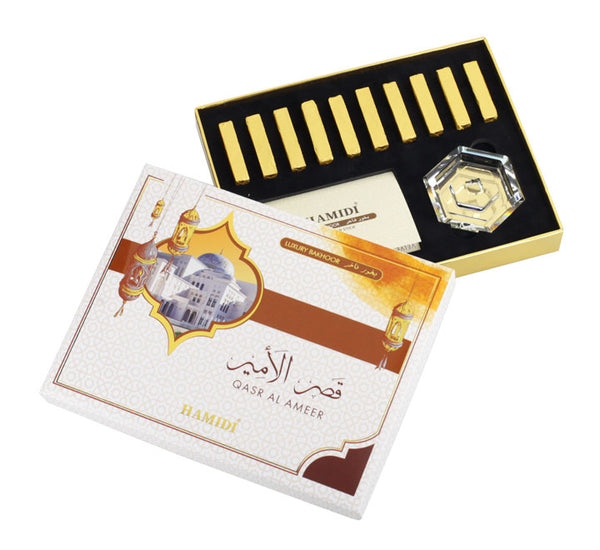 HAMIDI LUXURY WARM & SPICY BAKHOOR QASR AL AMEER OUD STICKS- 10 pc with Crystal Base